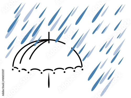 Vector silhouette of hand drawn classy umbrella with with blue drops as symbols of rain weather on white background, isolated cartoon painted illustration in blue and black colors, high quality