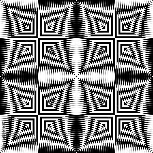 Abstract vector seamless op art pattern. Monochrome moire ornament.