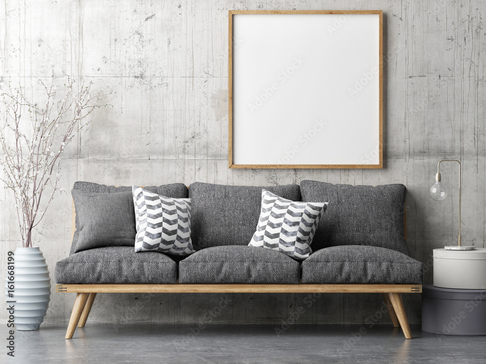 Poster with retro sofa, minimalism interior concept, 3d illustration - obrazy, fototapety, plakaty 