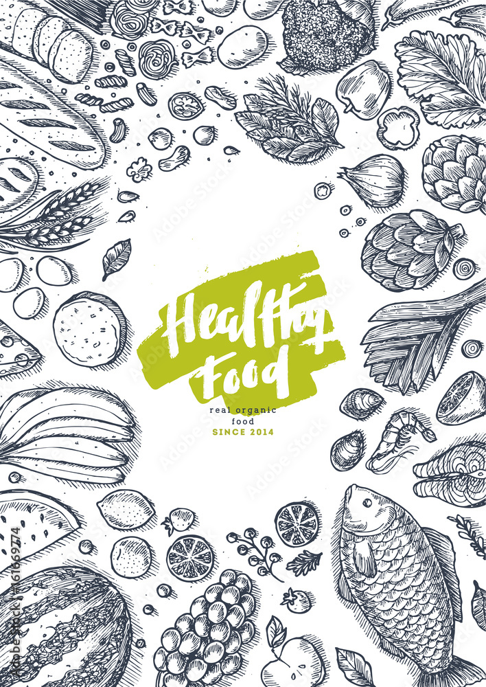 Healthy food collection. Good nutrition top view table background. Linear graphic. Hero image. Vector illustration