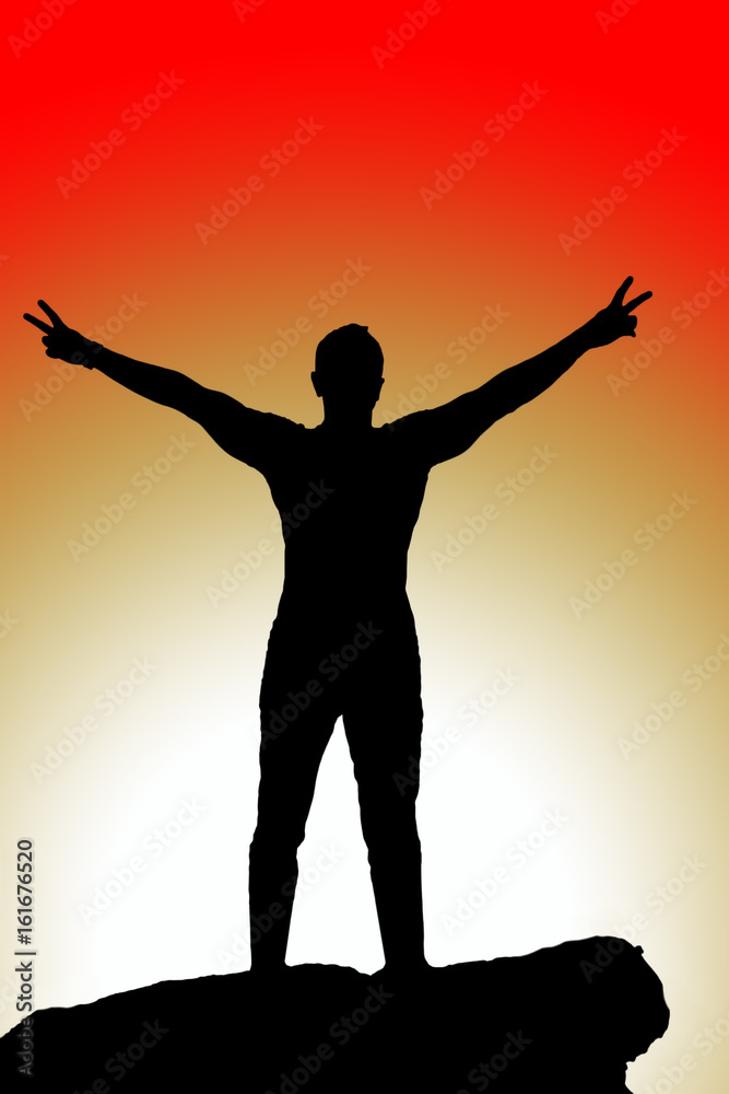 open his arms, silhouette   men silhouette at sunset  - Stock Image