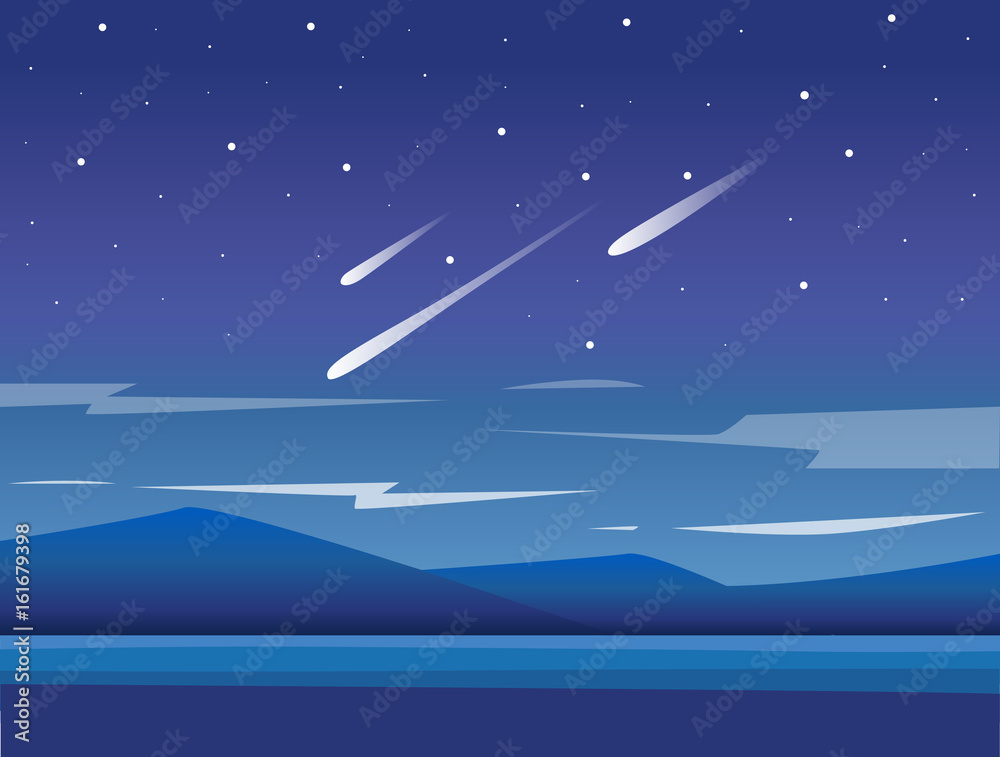 Night mountains vector background Vector mountains, lake and forest landscape in the night. Beautiful geometric illustration.