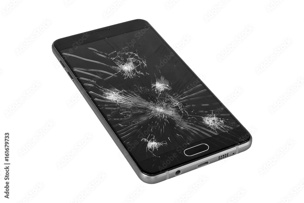 Smartphone with broken screen on a white background Smartphone with broken screen on a white background
