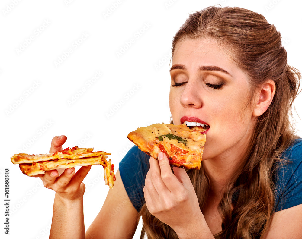 Woman eating pizza. Student consume fast food on table. Cook teaches to cook and shares recipes. Girl eagerly eats junk alone without embarrassment. Female broke off from diet. Woman eating pizza. Student consume fast food on table. Cook teaches to cook and shares recipes. Girl eagerly eats junk alone without embarrassment. Female broke off from diet.