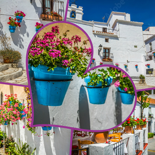 Collage of Mijas with flower pots in facades. Andalusian white village. Costa del Sol © Lukasz Janyst