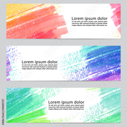 set of three banners, abstract headers with watercolor look colorful strokes, abstract background artistic collection