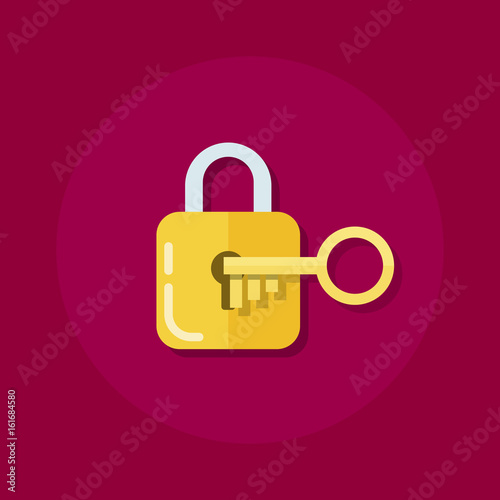 Identity or logon icon. Padlock with a key in a flat style. The process of opening the lock. Flat vector illustration.
