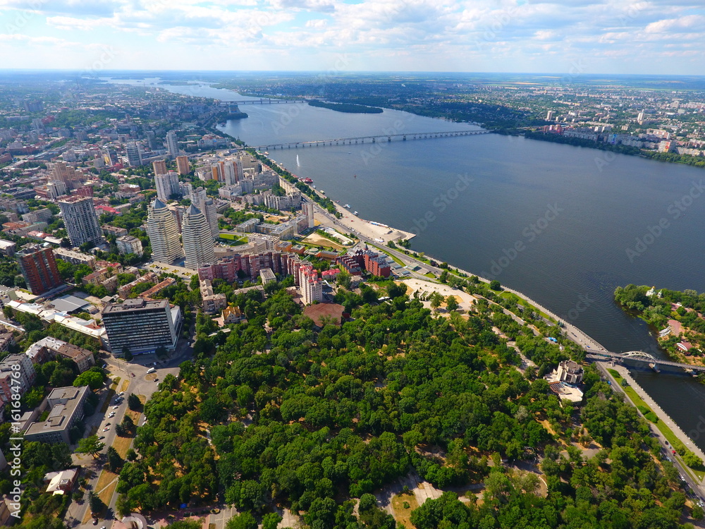Aerial view. Houses and river in the city Dnepr, Ukraine.