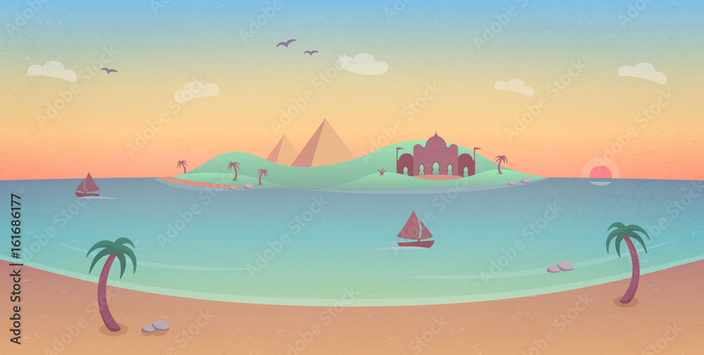Tropical Paradise with Sunset & Pyramids - illustration with a tropical island, palm trees, beach and boats sailing on the calm ocean.