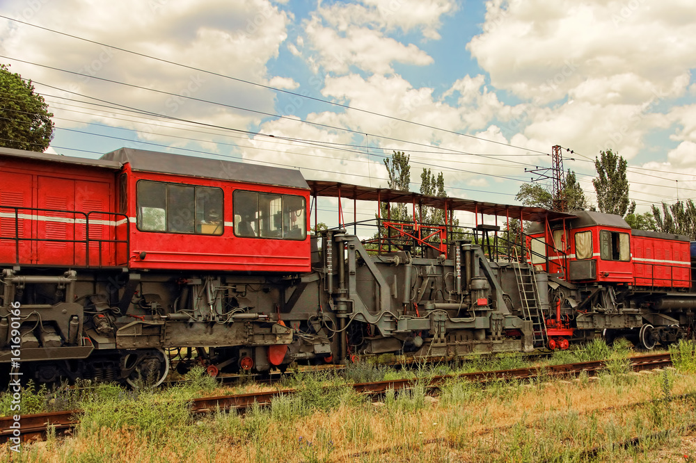 Railway track service car fixing and repairing the railroad. Railway track service car fixing and repairing the railroad.