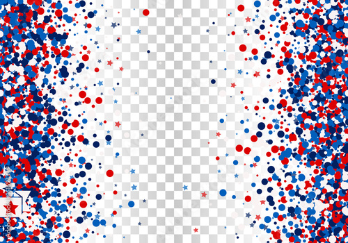 Festive seamless of vertical and horizontal background with scatter circles, stars in traditional American colors - red, white, blue. Isolated.