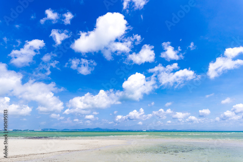 Clouds, sandy beach. Okinawa, Japan, Asia. 