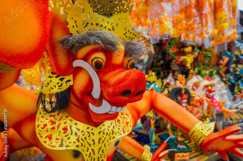 BALI, INDONESIA - MARCH 08, 2017: Impresive hand made structure, Ogoh-ogoh statue built for the Ngrupuk parade, which takes place on the even of Nyepi day in Bali, Indonesia. A Hindu holiday marked by photo