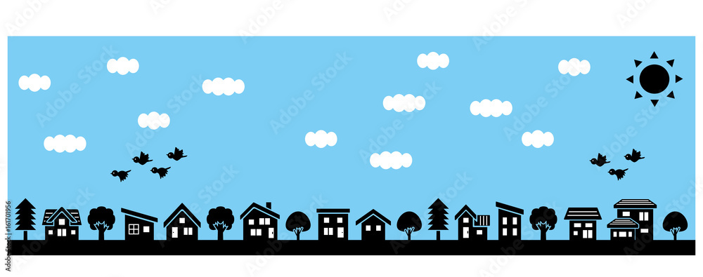 シンプルな家と木の並びシルエットロングバージョン 空と太陽と雲と鳥 Stock Vector Adobe Stock シンプルな家と木の並びシルエットロングバージョン 空と太陽と雲と鳥 Stock Vector Adobe Stock