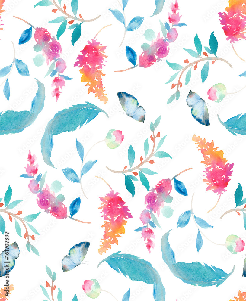 Fototapeta premium Watercolor Leaves Rose Flower Feather Butterfly