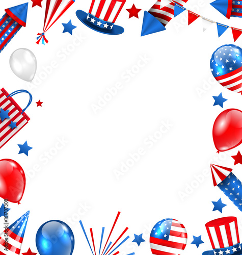 Colorful Border for American Holiday, Traditional Symbols, Objects, Icons
