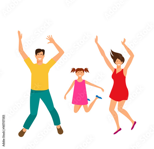 Father, Mother and Daughter Jumping. Happy Family Isolated