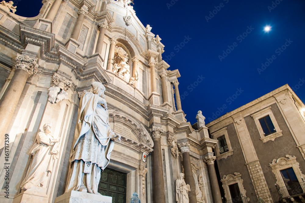 Night view of the facade of Saint Agatha Church in Catania, Sicily