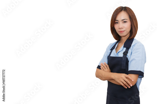 Beautiful Asian maid wear pink gloves with crossed arms on white isolated background with copy space.