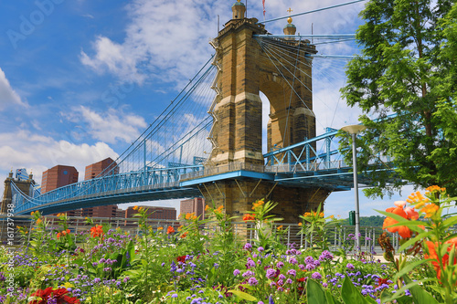 The John A. Roebling Bridge was built in 1866 to connect Covington Kentucky to Cincinnati , Ohio.  It spans the Ohio River. photo