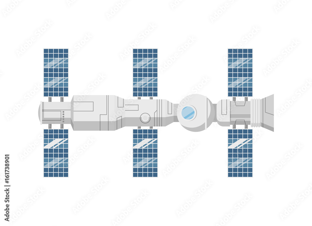 Modern orbital space station isolated icon. Astronautics and space technology object, spacecraft vector illustration in flat design.
