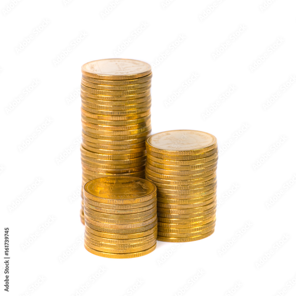 Columns of gold coins, piles of coins on white background Columns of gold coins, piles of coins on white background