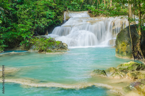Erawan waterfall in national park of Thailand. The travel destination beautiful natural landscape popular waterfall in kanchanaburi province, Thailand.