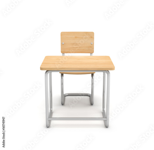 Fototapeta Naklejka Na Ścianę i Meble -  3d rendering of a school desk and chair both are made of iron and light wood isolated on white background.