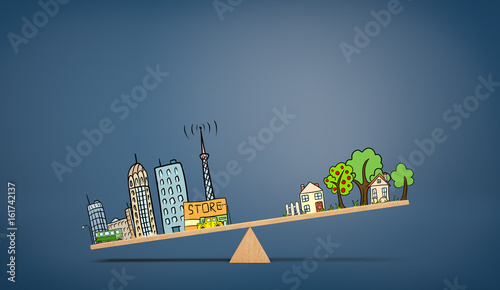 Obraz na plátně A wooden seesaw on blue background with an illustration of urban life overweighing a drawing of country houses