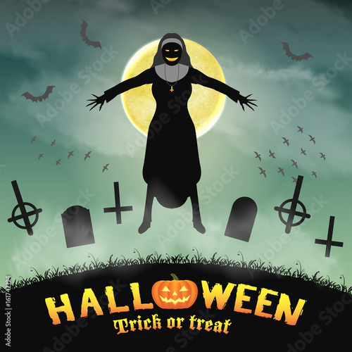 halloween evil nun in a night graveyard