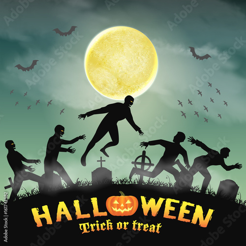halloween human escape from zombie in graveyard