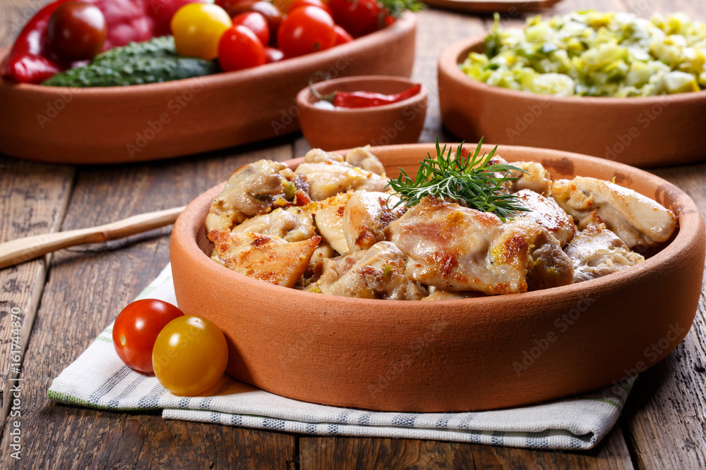 Roasted chicken meat pieces. Roasted chicken meat pieces.