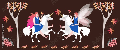Meeting in the autumn forest of two fairy horsewomen on unicorns.