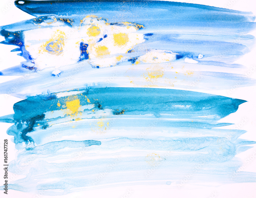 Watercolor background painting on white paper. Blue, green and golden abstract texture. Color smudges surface.