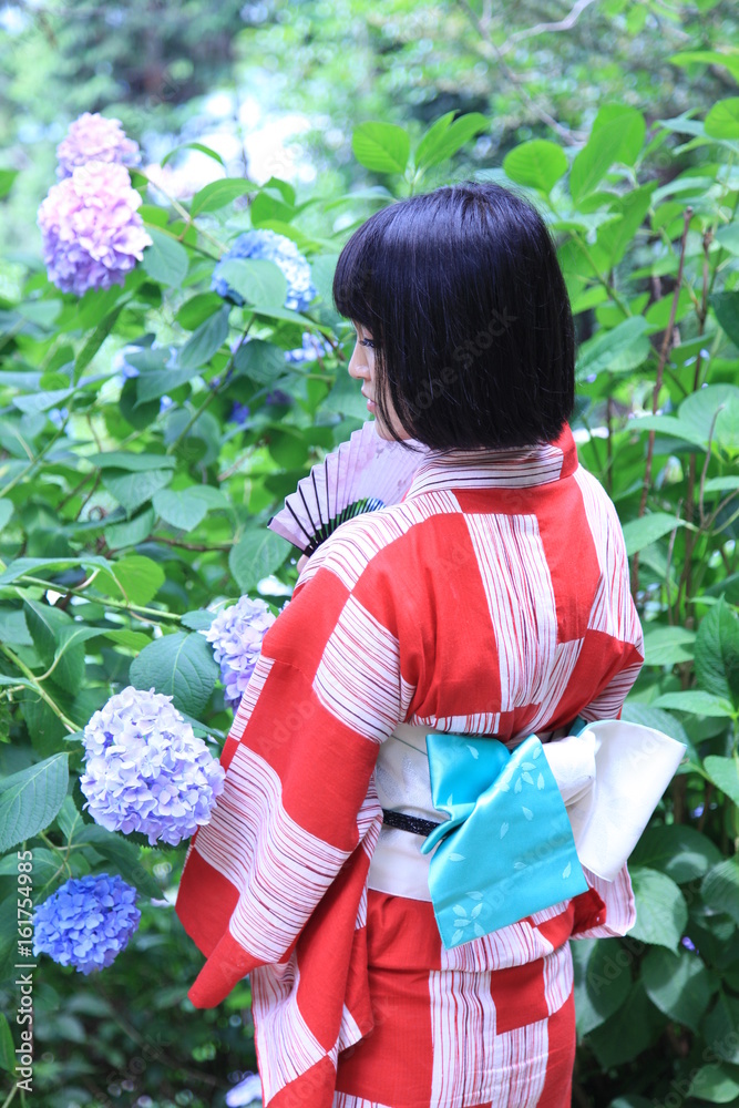 紫陽花と浴衣の女性の後ろ姿 Stock Photo Adobe Stock