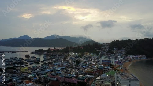 Drone shot flying over Cheung Chau at Sunset