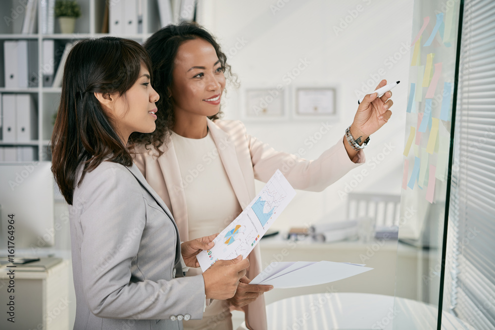 Attractive Asian managers using sticky notes while having project discussion in modern open plan office, profile view