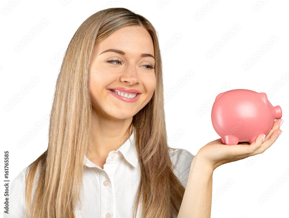 Happy young woman with a money box isolated on white Happy young woman with a money box isolated on white