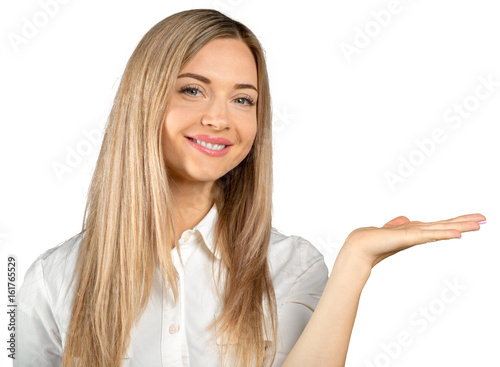 Portrait of happy woman isolated over white background