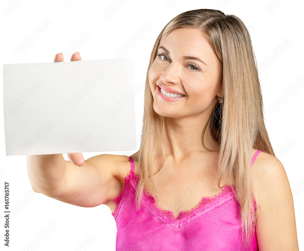 woman showing blank signboard, isolated on white woman showing blank signboard, isolated on white