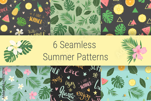 Set of seamless summer patterns. Six patterns with leaves of a palm tree, fruits, flowers and hand-drawn lettering