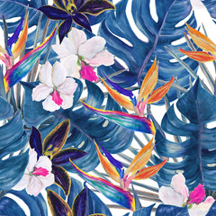 Fototapete Tropische Paradiesblumen-Muster Aquarell Orchideen mit Paradiesvogelblumen  © ramiia