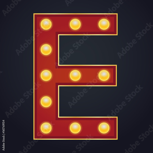 Letter E alphabet sign marquee light bulb vintage carnival or circus style ,Vector illustration