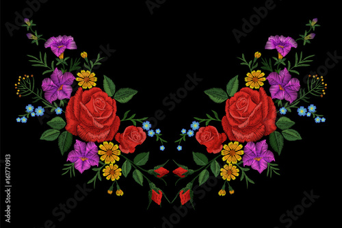 Rose flower embroidery texture patch. Red field flower herb textile print neckline traditional decoration ornate vector illustration on black background