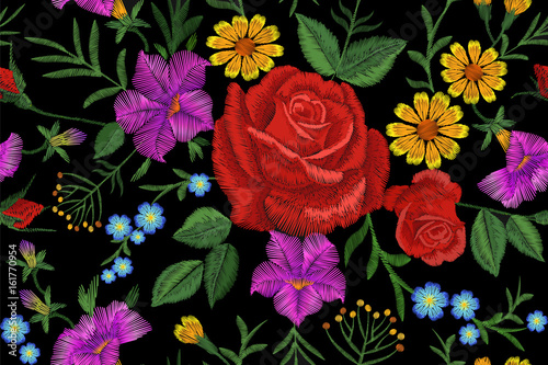 Rose flower embroidery texture seamless pattern. Red field flower herb textile print neckline traditional decoration ornate vector illustration on black background