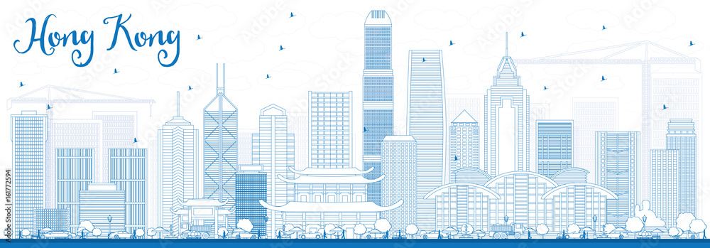 Outline Hong Kong Skyline with Blue Buildings.