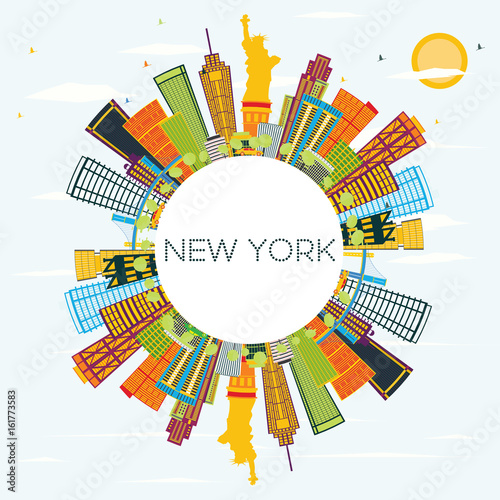 New York Skyline with Color Buildings, Blue Sky and Copy Space.