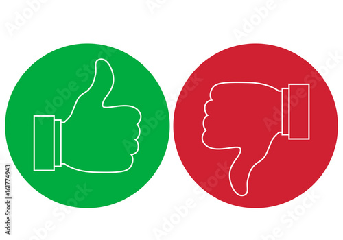 Like and dislike icons set. Thumbs up and thumbs down.Vector round thin line icons isolated on white background.