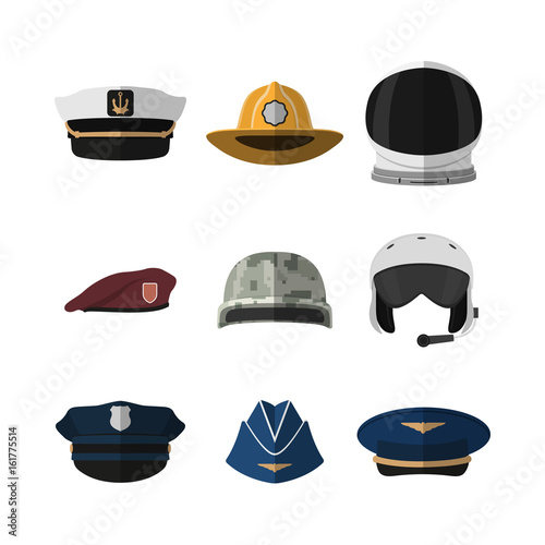 Hats and helmets. Headgear of soldier, aviator, policeman and captain. Icon of cap in flat style