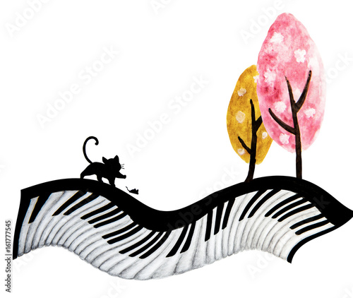 Abstract watercolor art hand painting of black cat , mouse and cute tree on piano keyboard